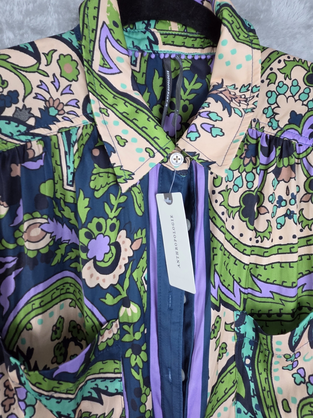 Anthropologie Paisley Button-Up Shirt Jacket in Green, Navy & Pink - Picture 3 of 5